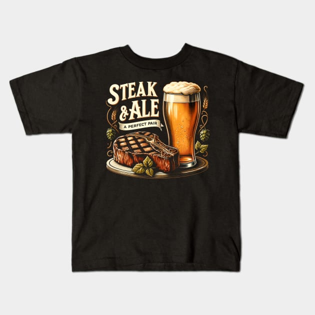 Steak & Ale - Grill lovers Kids T-Shirt by Neon Galaxia
